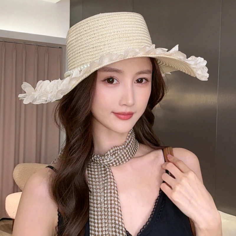 1 Stück Süßer Japanischer Strohhut mit Perlenbesatz für Damen, Outdoor Frühling/Sommer Breiter Rand, Sonnenschutzhut für den Strand
