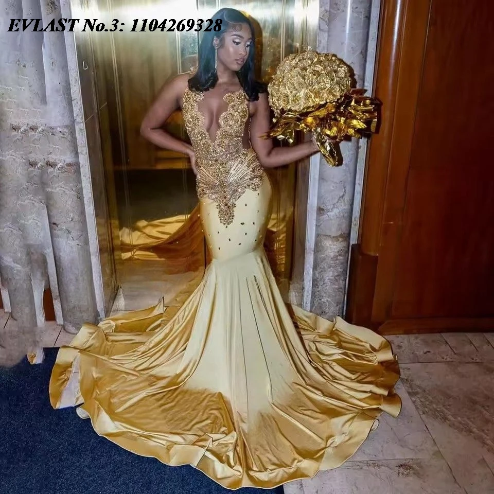 

EVLAST блестящее золотое платье русалки для выпускного вечера с блестками и кристаллами из атласа с бисером 2026, вечернее платье Robe De Soirée E3P510