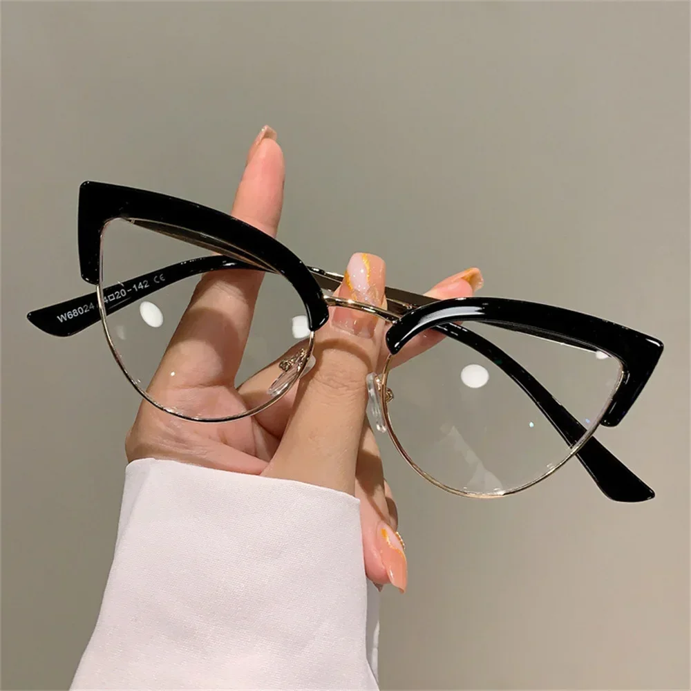 

Vintage Cat Eye Glasses Frame New Stylish Semi Metal Rim Women Eyewear Trendy Brand Design Non-prescription Eyeglasses