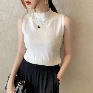 Korean Fashion Ladies Frühling Neue Sommer Frauen Tops Freizeitkleidung ohne snolid Ärmel Frauenbluse elastische Blusen Blusen Blusen 5 Hauptverkäufe blau und weiße Bluse - №4