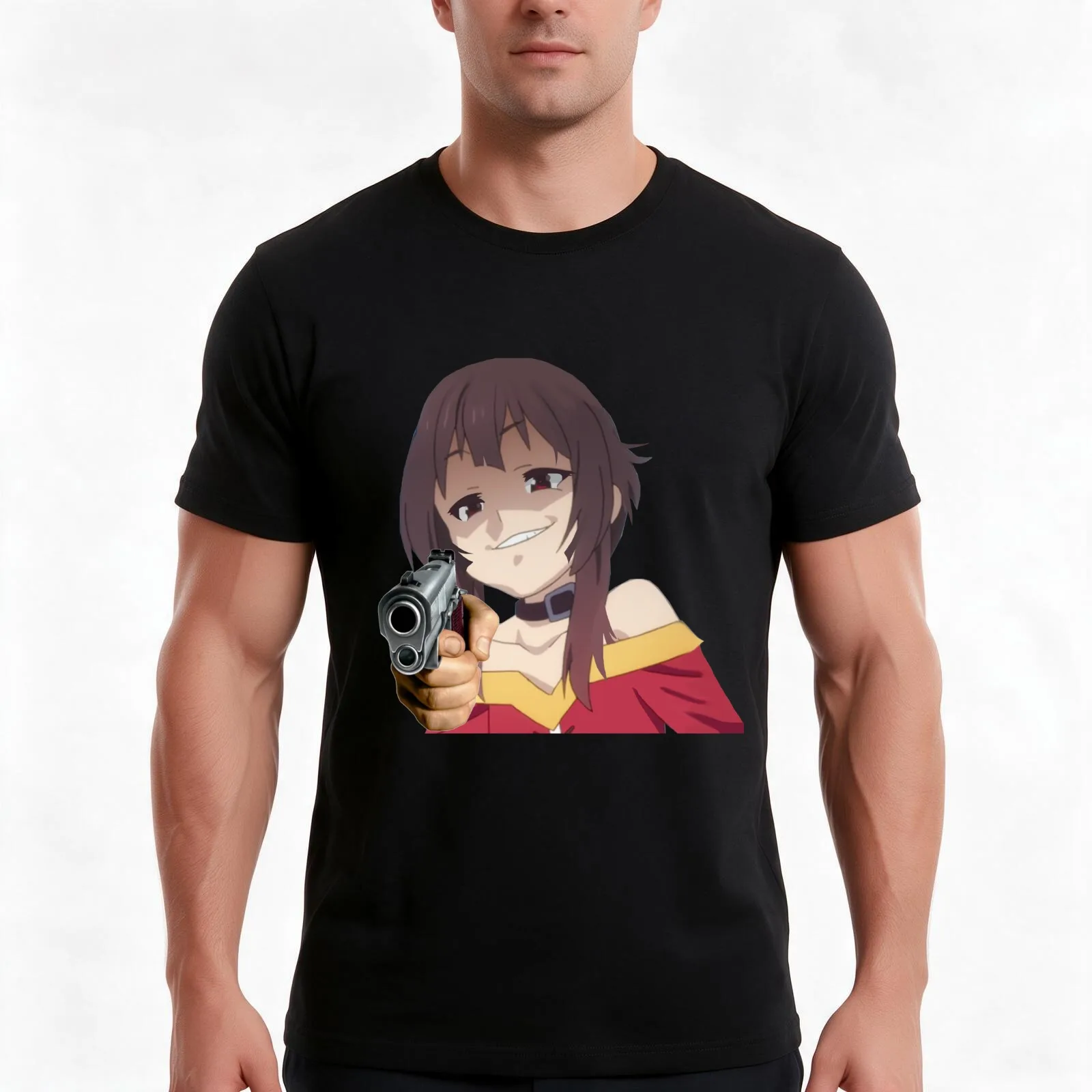 Smug Megumin Gun (KonoSuba) T-Shirt, Summer Casual Cotton Tee, Oversized Streetwear Tops, Vintage Graphic Print, 100% Cotton