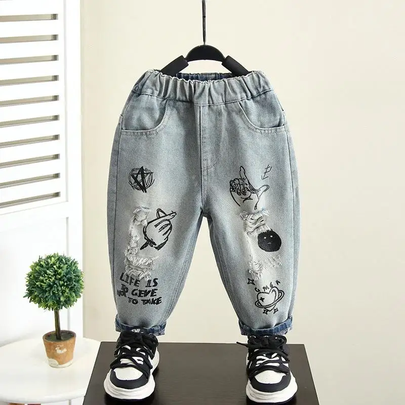 Street Style Big Boys Jeans Teen Doodle Denim Pants Casual Kids Pants Spring Autumn Children's Ripped Hole Trousers 2-11 Years
