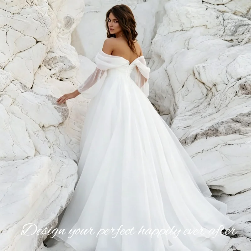 Shi Xing ke Lightweight Voile A‑Line Wedding Gown Off‑Shoulder Puff Sleeve Ceremony Customized