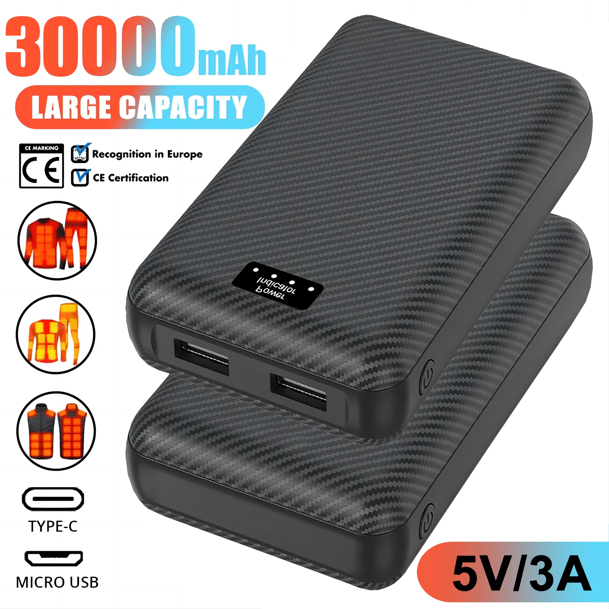 30000mAh Power Bank 5V 3A Portable Charger External Battery Pack for Heating Vest Jacket Scarf Gloves Electric Heating Equipment