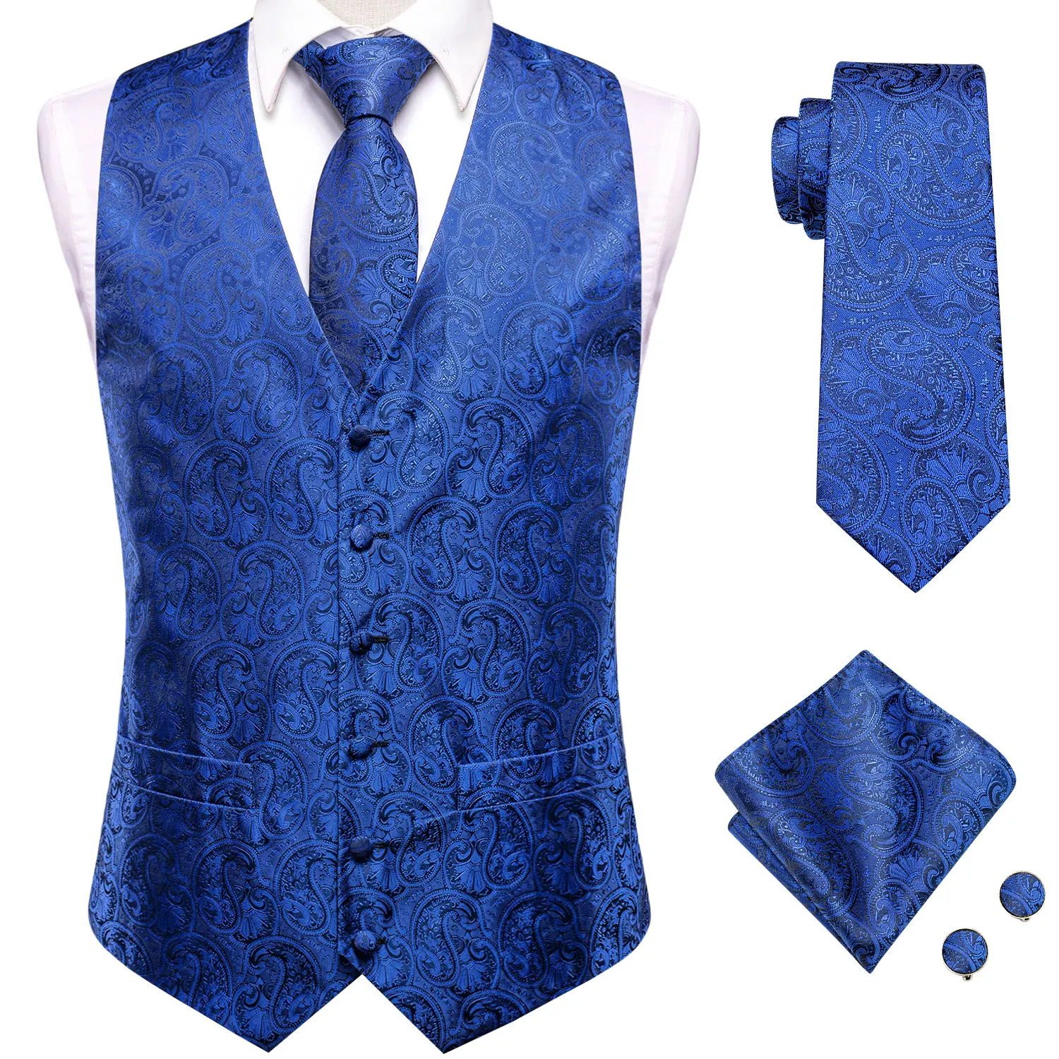 Sky Navy Royal Blue Silk Mens Waistcoat Tie Set Sleeveless Jacket Vest Necktie Hanky Cufflinks Wedding Business Oversized Gift