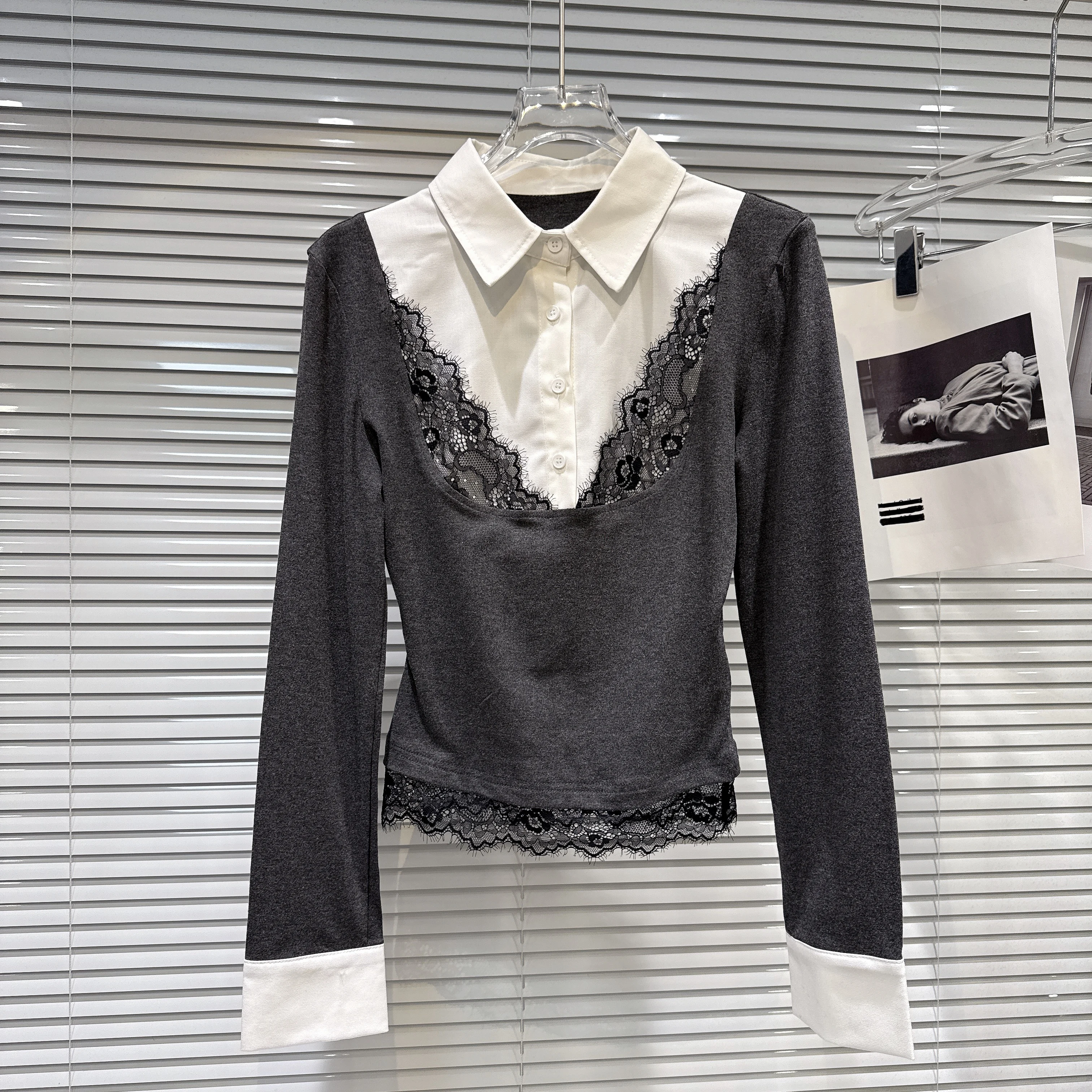 

Gagarich 2026, весенне-осенняя новая стильная рубашка с кружевными краями, искусственная футболка из двух предметов с длинными рукавами, маленькая женская рубашка