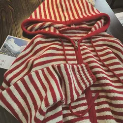 Korean Fashion Stripes Hooded Knit Cardigan Woman Red Loose Casual Autumn Winter Sweater Zipper Coat Oversized Long Sleeve Top