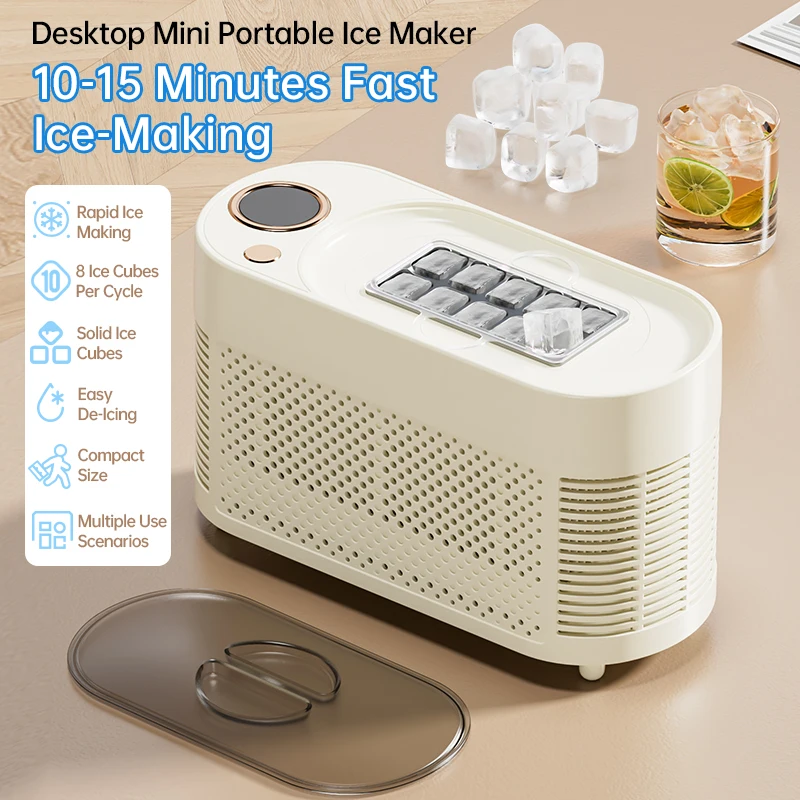 Desktop Mini Portable Ice Maker 10-15 Mins Fast Ice-Making Compact Countertop Ice Cube Machine for Home Office Bar Auto