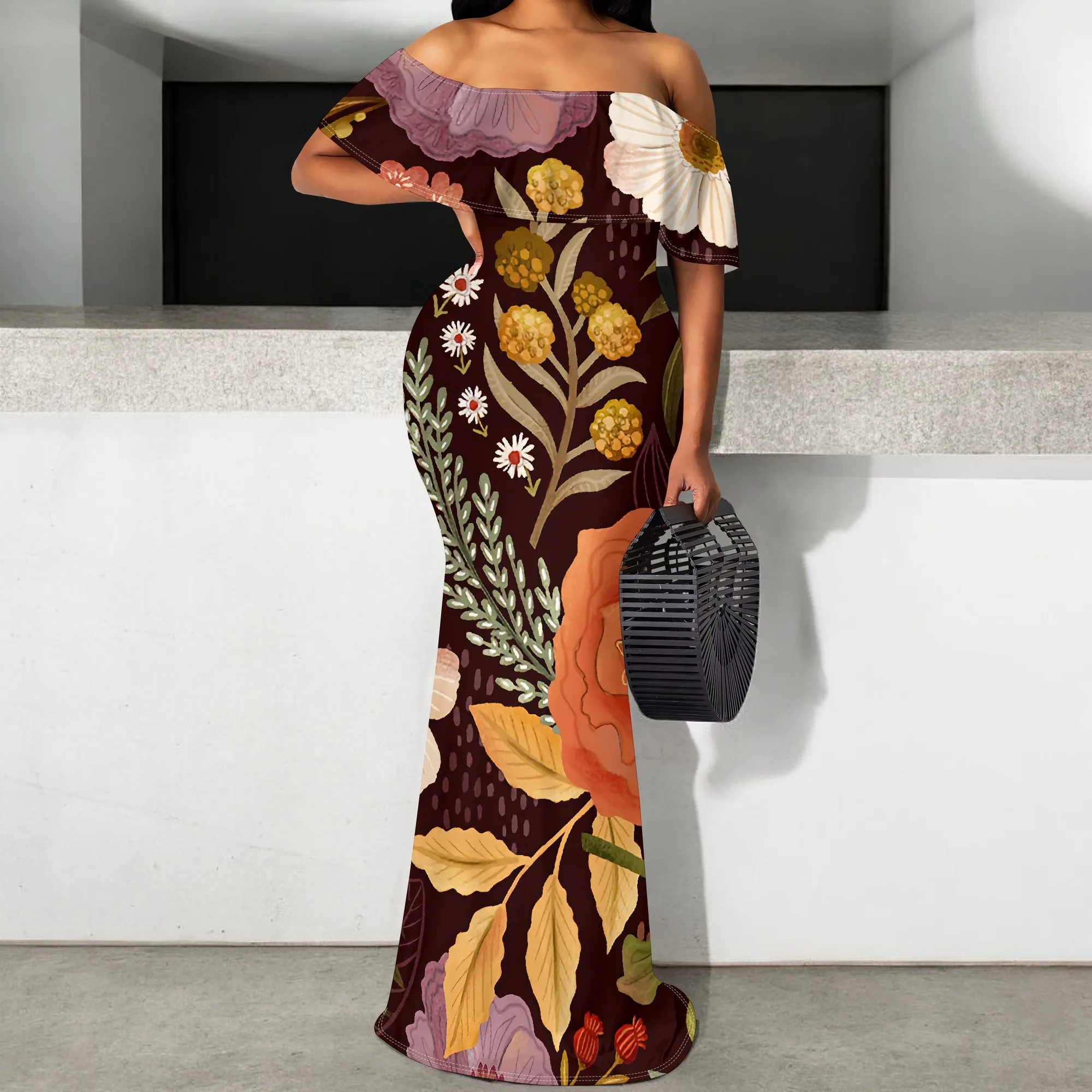 

One Shoulder Floral Maxi Dress for Women S-3XL Autumn Mermaid Fit Elegant Long Dress for Wedding Guest or Church Event
