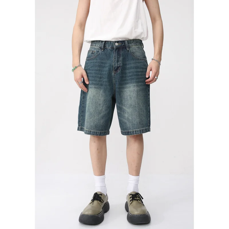 QICHE 2026 Men Vintage Washed Denim Shorts Straight Knee‑Length Bermuda Pants Retro Casual Mid Shorts For Summer