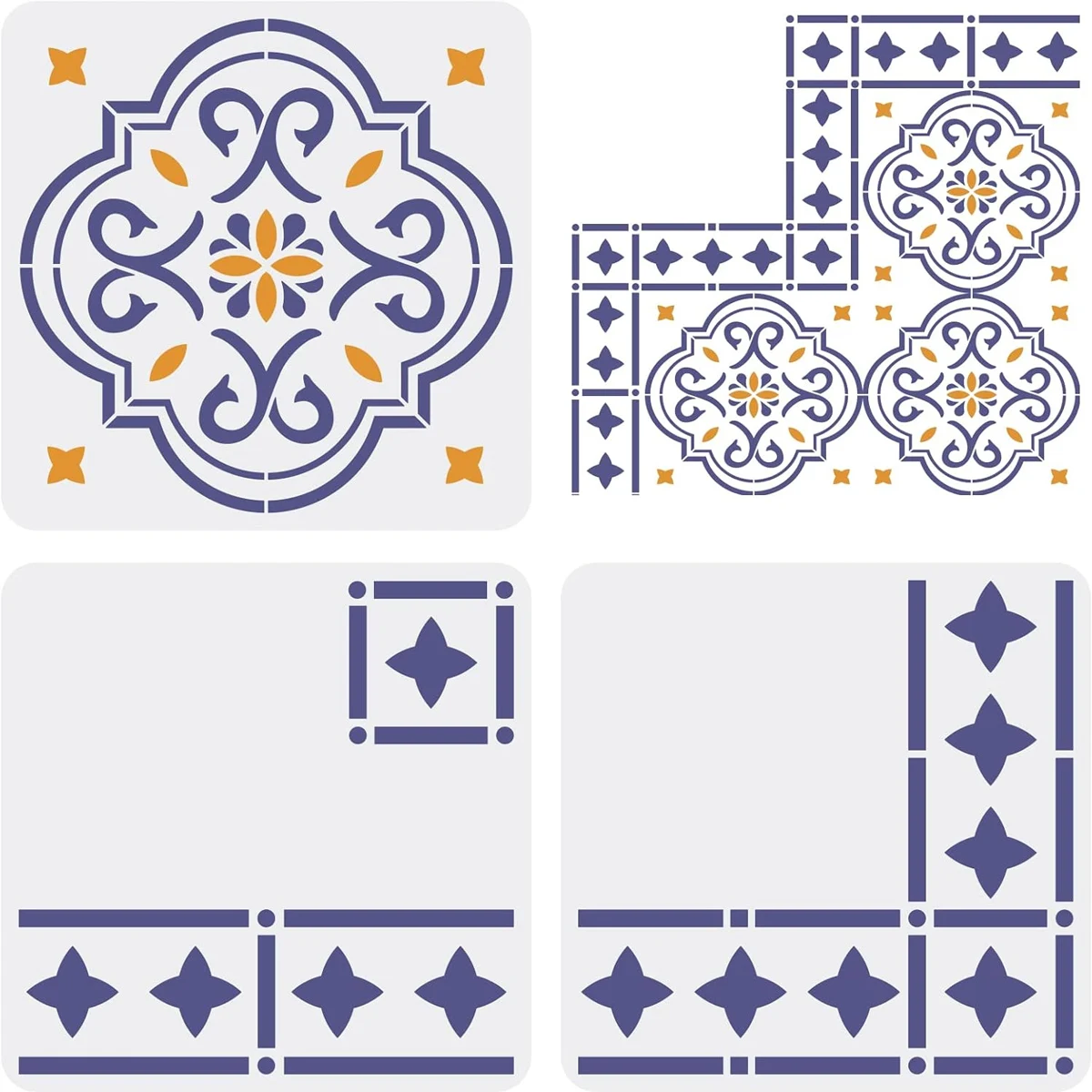 3 peças kit de estêncil de telha Santa Ana - estênceis de plástico marfim reutilizáveis, estênceis de cantos, estênceis de parede marroquinos com padrão intrincado