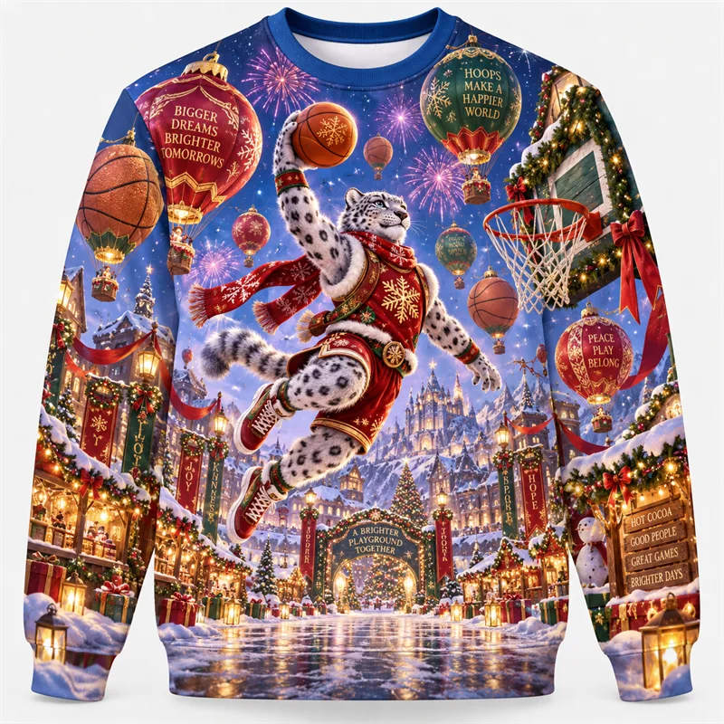 Christmas Basketball Sweatshirt Santa Reindeer Dragon Penguin Camel Yeti Crewneck Xmas Pullover Holiday Sports Party Gift Top