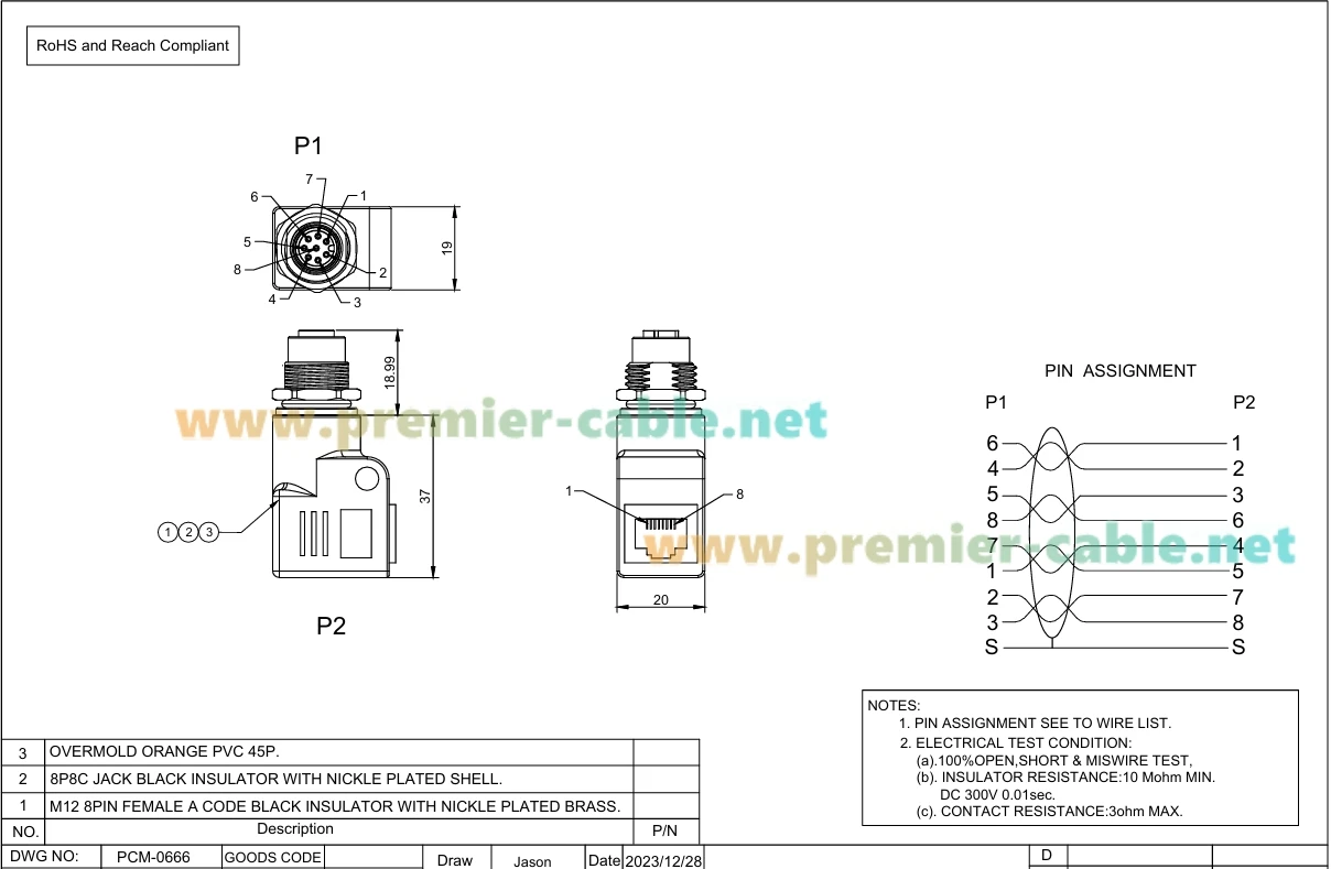 IP67 Rechtwinkliger RJ45-zu-M12 A-kodierter 8-Pin-Ethernet-Adapter, M12-Buchse zu RJ45-Buchse, Schalttafelmontage-Steckverbinder – Detail 2