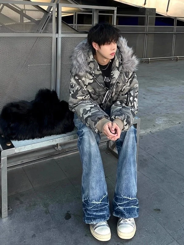 

Camouflage Hooded Cotton Jaet Men's Winter Sli ort Coat High Street Cleanfit Warm Long Sve Casual Youth Outerwear