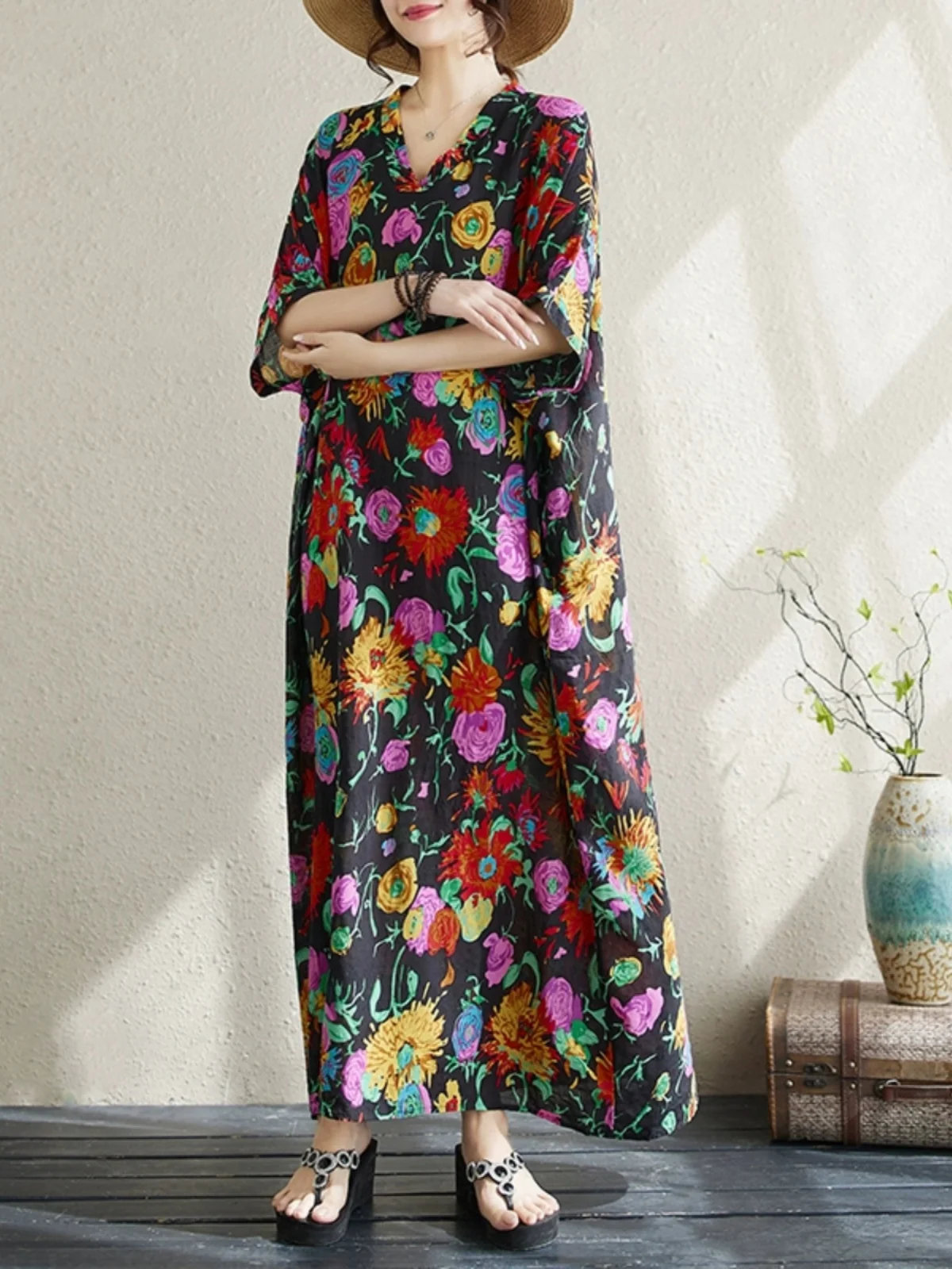Verano Floral Vaion Sle largo Retro algodón Lino Dr hasta la rodilla Batwing Sve V-Ne H-ape Casual Commute Dr