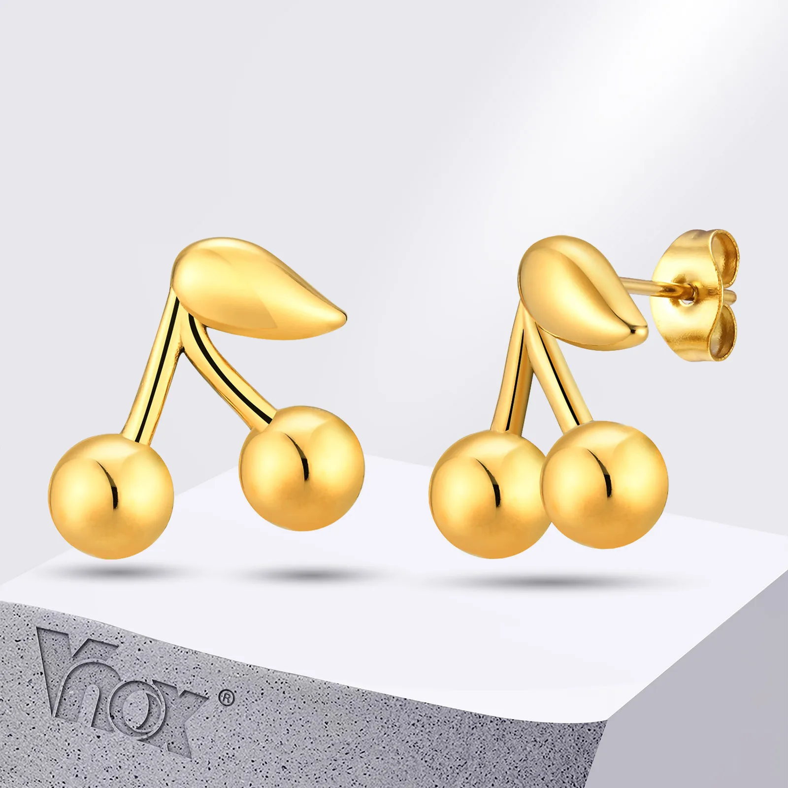 Vnox Stainless Steel Cherry Stud Earrings Gold Plated For Women Atmosphere Fashion Earrings Charm Jewelry Accessories Gifts