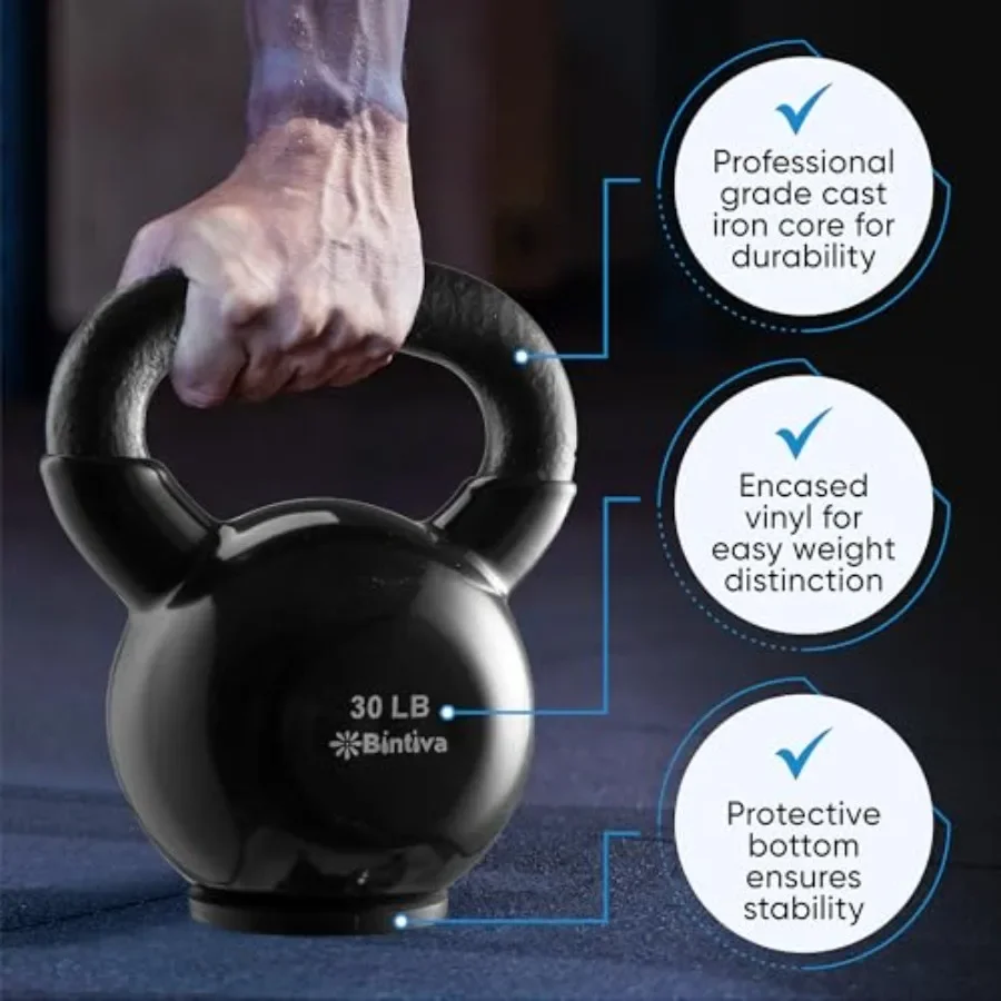 Home Workout Kettlebell Sets - Cast Iron - Black - Professional Grade with Protective Bottom for Men Women