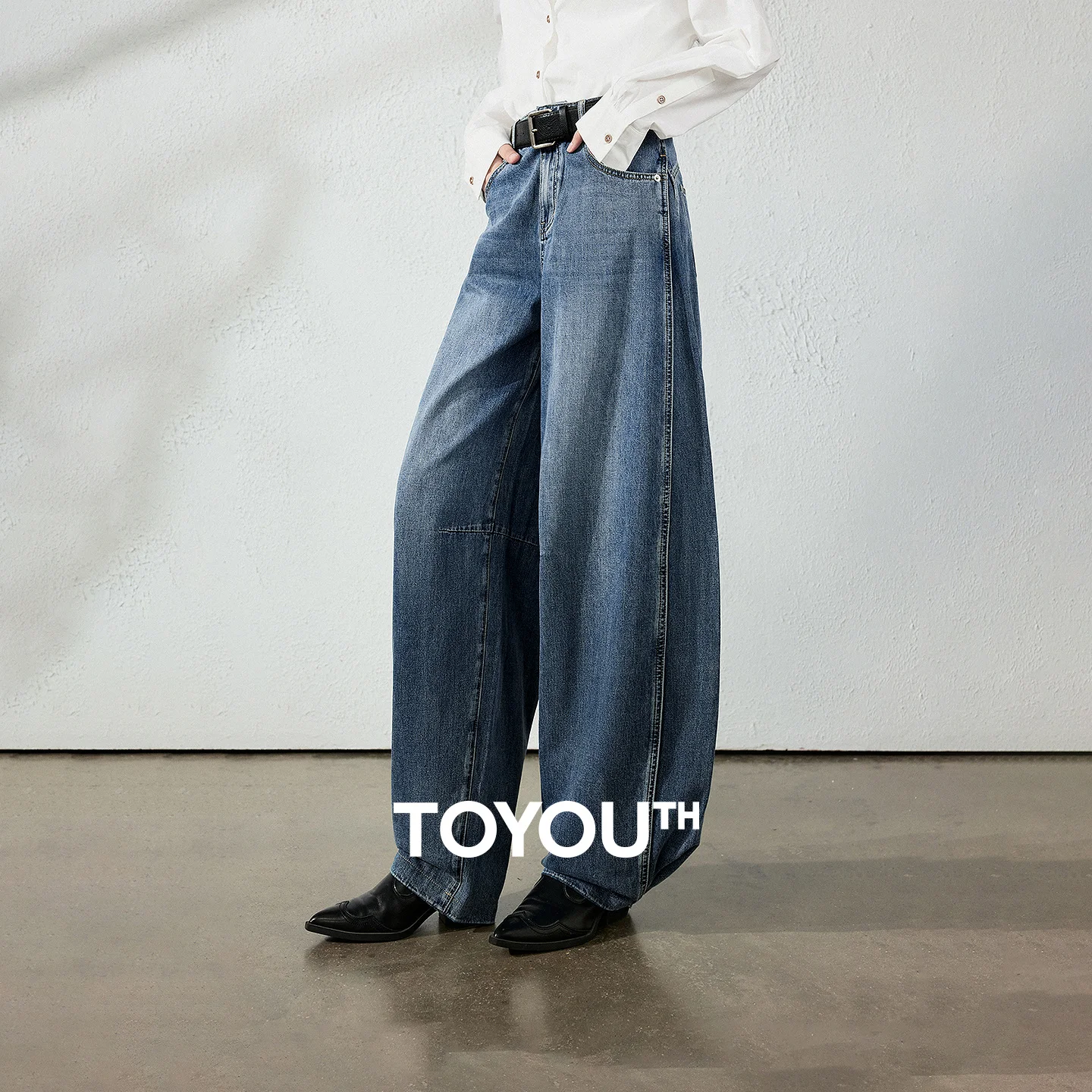 TOYOUTH Women Jeans 2026 Autumn New High Waist Two‑Way Wear Curved Balloon Jeans With Seam Details