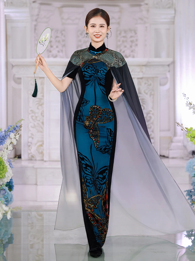 

High-End Velvet Embellied ow Long Sle 2025 New Dr Vintage Sle Button Front High Slit ort Sve