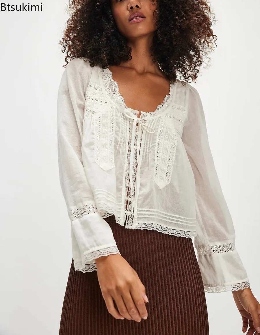 

Cotton Lace Blouses Shirt for Women Vintage French Style Loose Blouse Flare Long Sleeve Boho Beach Lightweight Ladies Top Summer