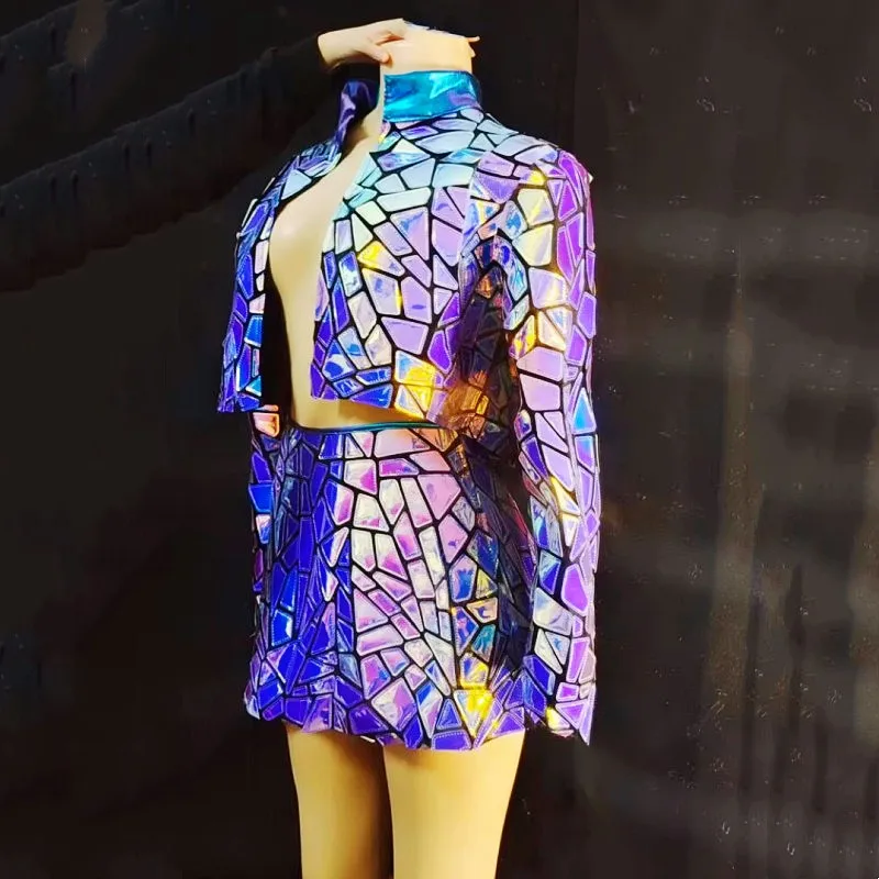 Giacca con specchio laser lucido Minigonna Abito da ballo per donna Jazz Dance Team Performance Costume Festa di compleanno Festival Abbigliamento