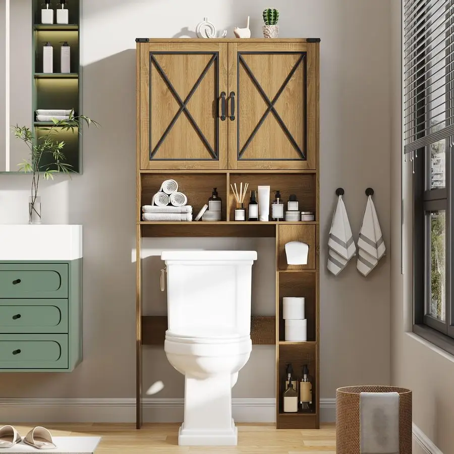 

Over The Toilet Storage Cabinet, Farmhouse Bathroom Cabinet Over Toilet with Paper Holder, Rustic Bathroom Storage Organizer wit