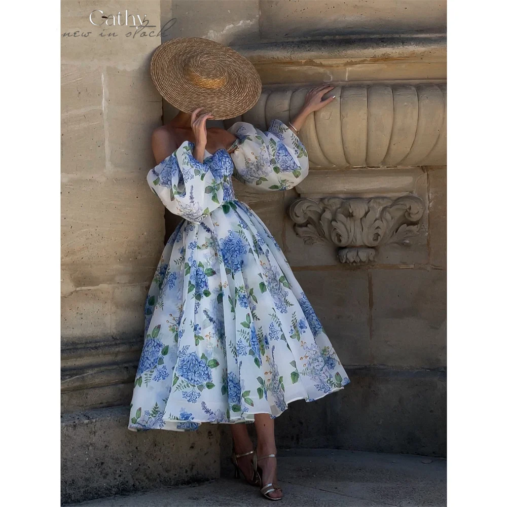 

Cathy Customized A-Line Puff Sleeve Blue Flowers Prom Dress Elegant Strapless vestidos de noiva Corset Tra-length Formal Evening