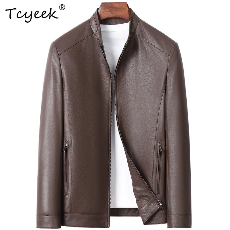

Tcyeek Верхний слой из коровьей кожи Весна Осень С воротником-стойкой Однотонная модная короткая мужская куртка из натуральной кожи Куртка Кожаная Мужская