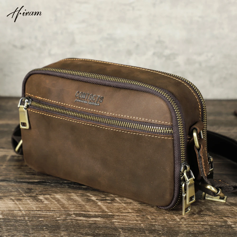 Bolso de viaje cruzado pequeño de cuero Crazy Horse Vintage para hombre, bolso de mensajero informal de negocios de diseño Retro para hombre