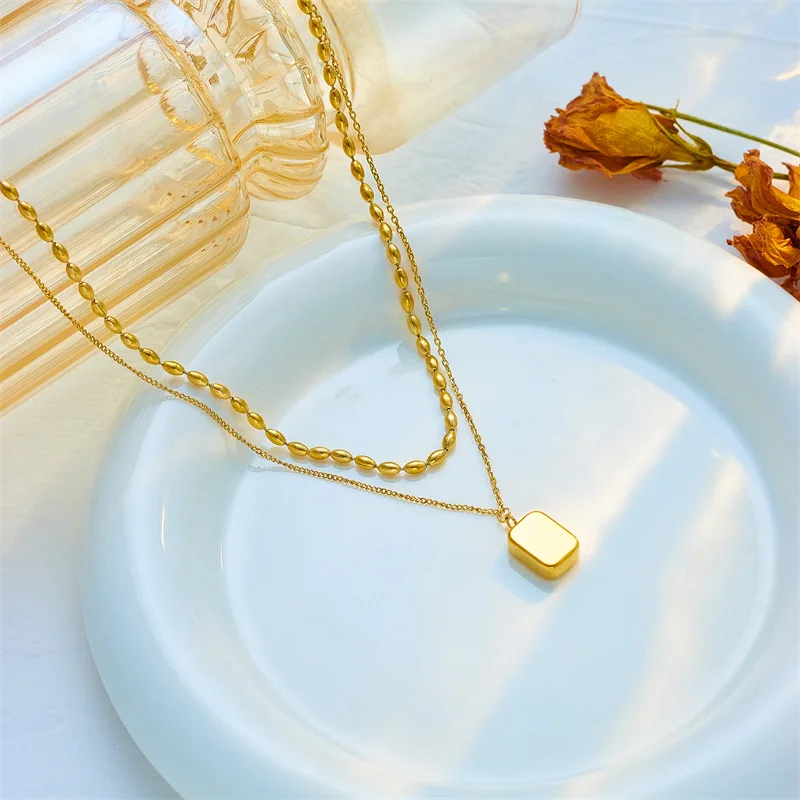 316L Stainless Steel Double Layer Square Bearded Star Pendant Necklace for Women Simple Temperament Jewelry Accessory