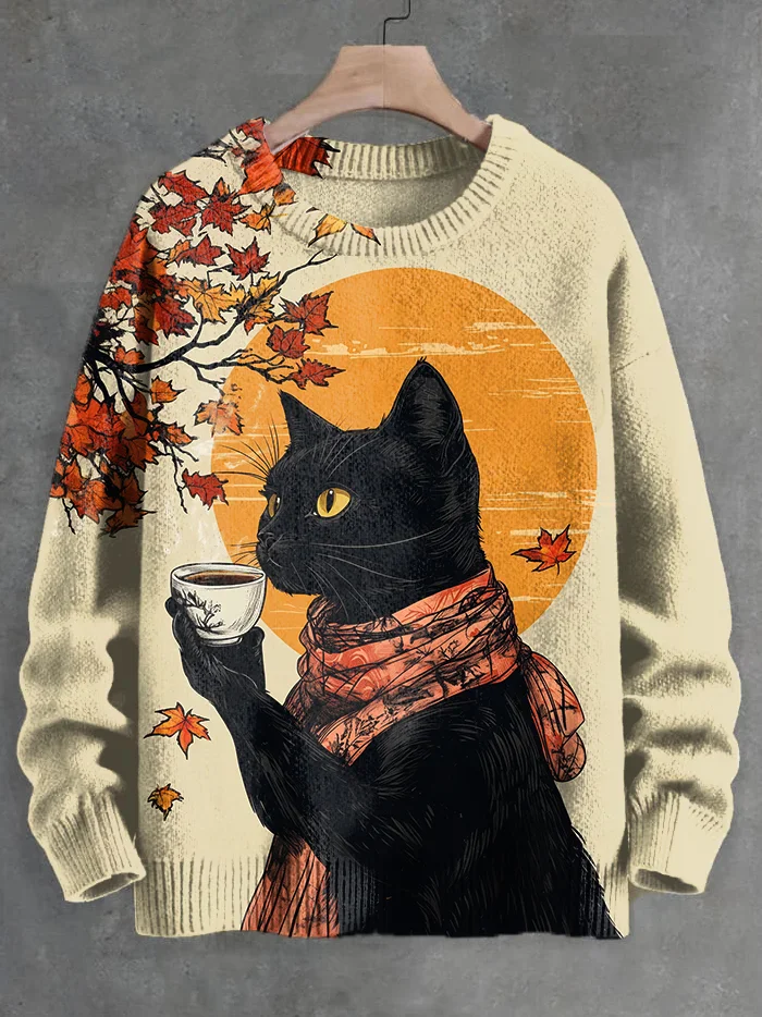 

Men's Scarf Black Cat Drinking Coffee Maple Leaf Art Print Knit Sweatshirt Pullover Sweater Women For Men Sweater