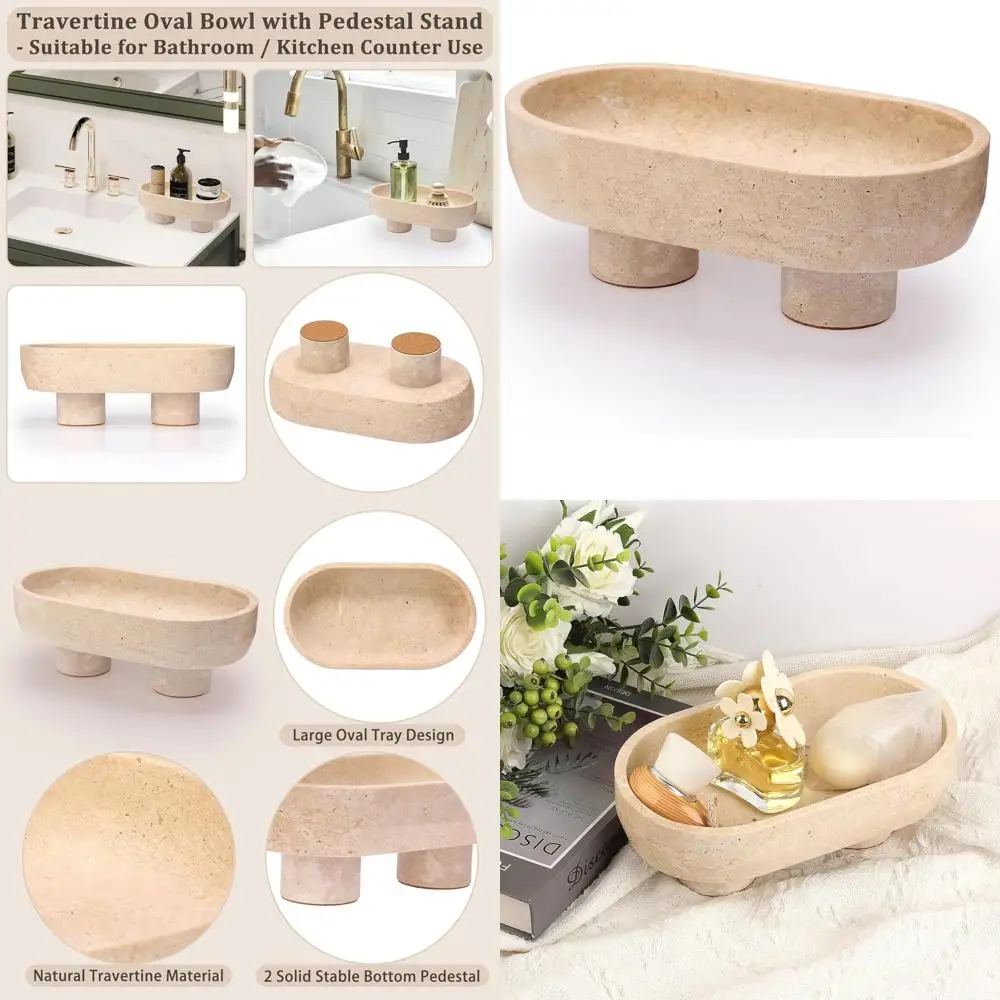 

10-дюймовая чаша для фруктов из натурального травертина, декоративный поднос на ножке для кухни и домашнего декора, каменная чаша для украшения стола