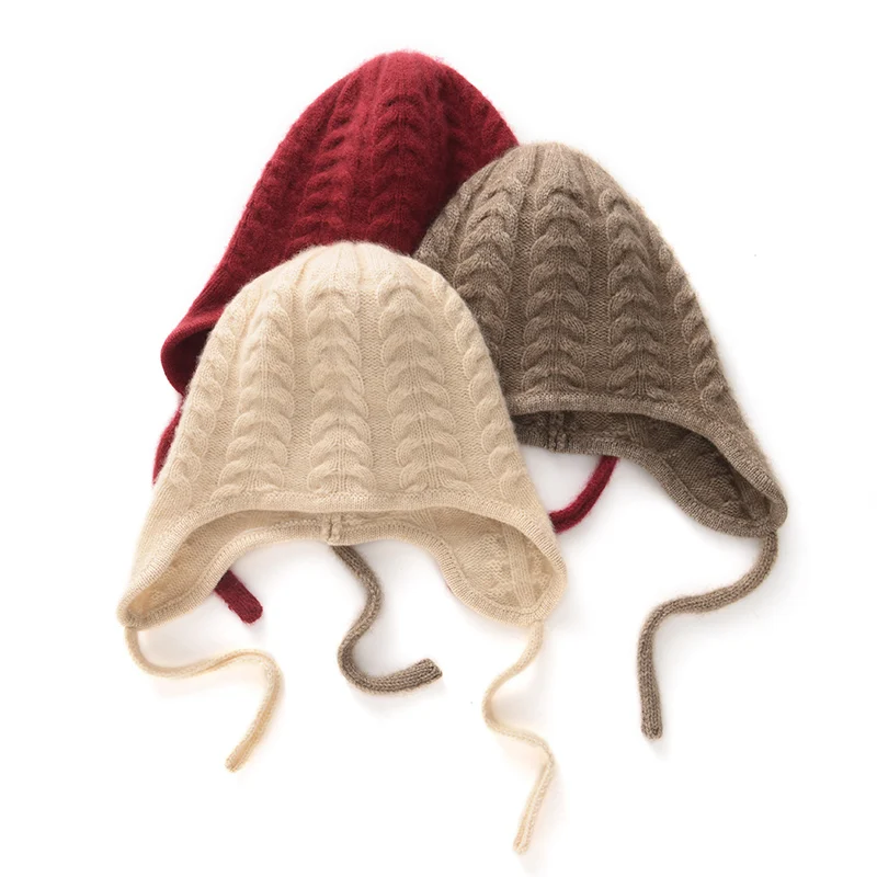 Autumn and Winter New 100% Cashmere Hat for Women, Thickened, Warm, Cold-Proof, Knitted Wool, Head Wrap, Ear Protection Hat