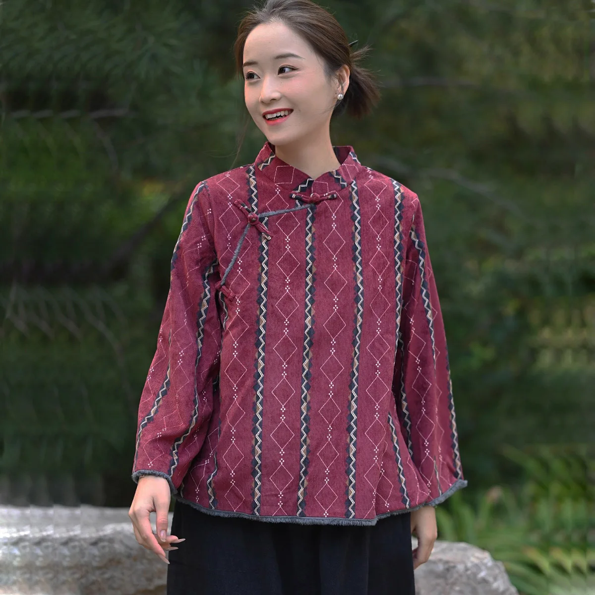 

Women Vintage Corduroy Fleece Lined Pullover Short Coat Jacket Printed Chinese Qipao Clothes Button Warmth Outwear Autumn winter