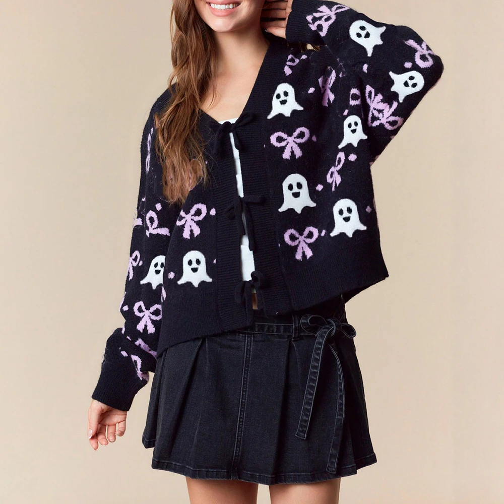

Halloween Women's Long Sleeve V-Neck Knitted Sweater European And American Autumn Winter New Style Ladies Open Cardigan