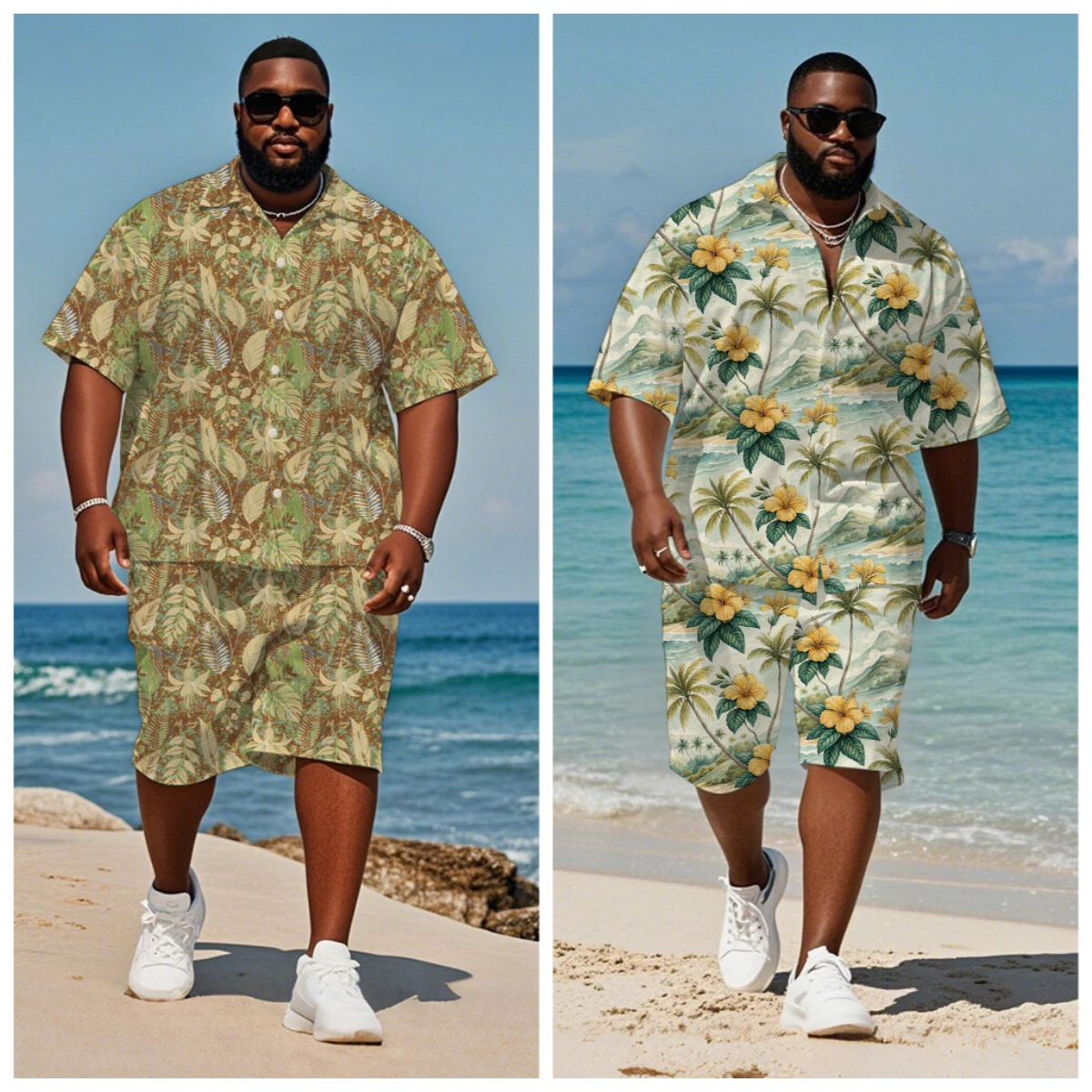 

S-9XL Big and Tall Men Tropical Jungle & Floral Print Hawaiian Shirt Shorts Set Casual 2-Piece Outfit