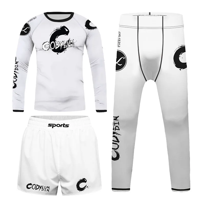 White 4-12Y Kids BJJ Rashguard Set CODYLUNDIN Boys MMA Wrestling Compression Short Long Sleeve Shorts Pants Grappling Sportswear