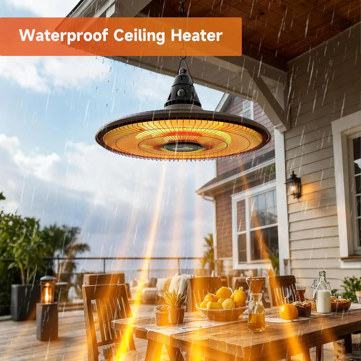 1500W Outdoor Electric Patio Ceiling Mount Hanging Heater, Infrared Heating with Remote Control, Waterproof, Overheat & Tip-Over Protection, Brown, for Courtyard, Garage, and Patio