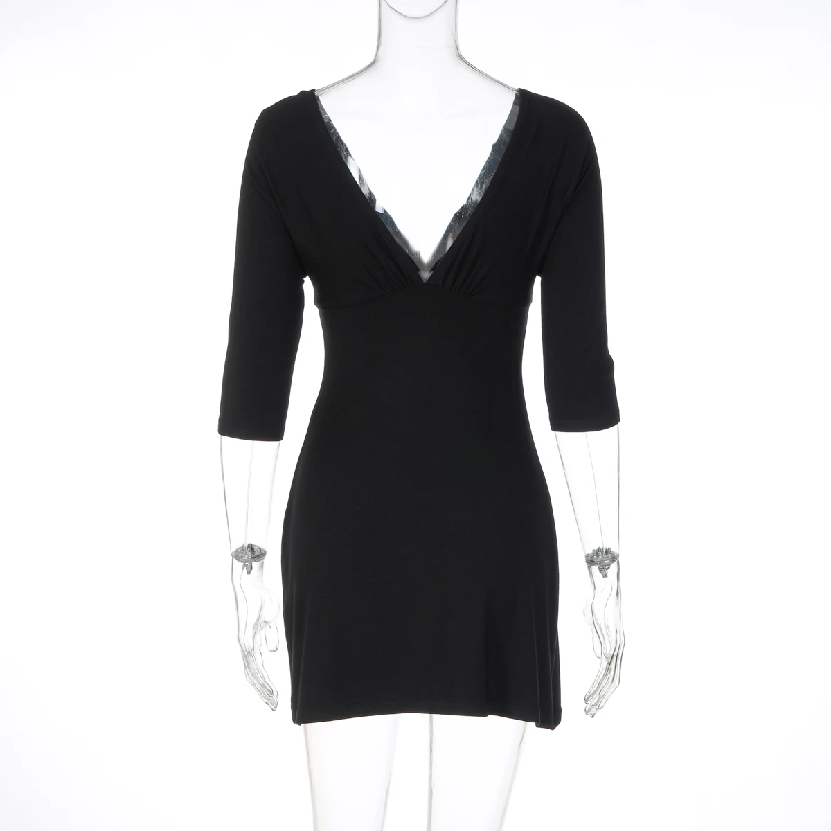 Hugcitar Elegantes, einfarbiges, kurzärmliges, rückenfreies, sexy, figurbetontes Minikleid mit V-Ausschnitt für Herbst und Frühling, Damenkleidung, Geburtstagsfeier, Urlaub – Detail 4
