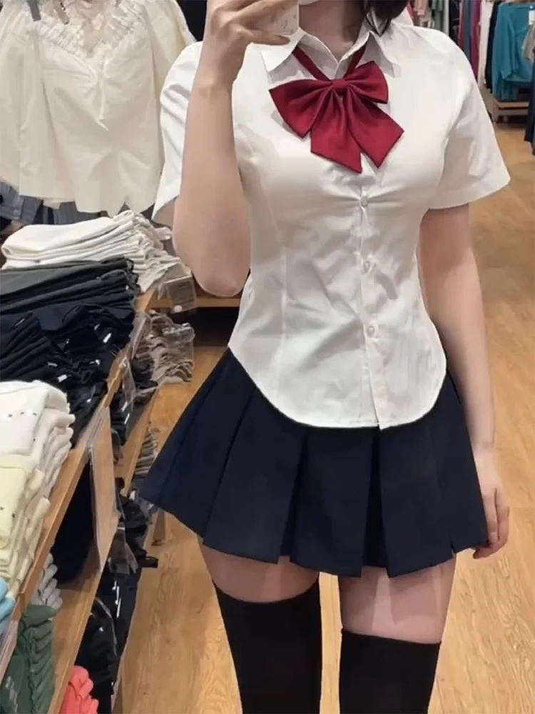 

Hot Girl Short Sleeve Shirt Waist Inward JK Uniform Original Anti-Wrinkle Sash White Women's Top Summer Fashion Set Polyester