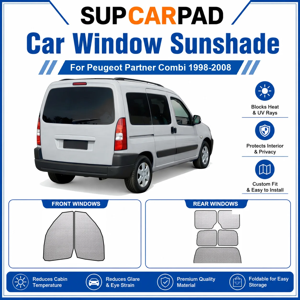 For Peugeot - Peugeot Partner Combi 1998-2008 Full Set Car Window Sunshades UV Block Privacy Heat Insulated Foldable Car Curtain