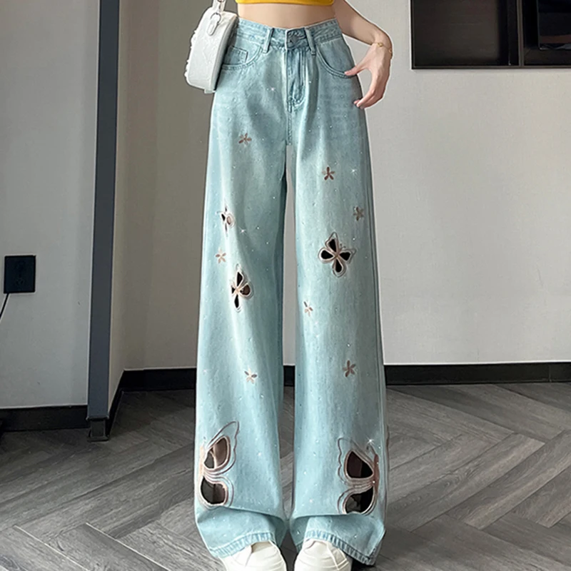 

Women's Butterfly Hollow Out Jeans Retro Embroidered High Waisted Straight Leg Pants Korean Style Rhinestone Denim Trousers