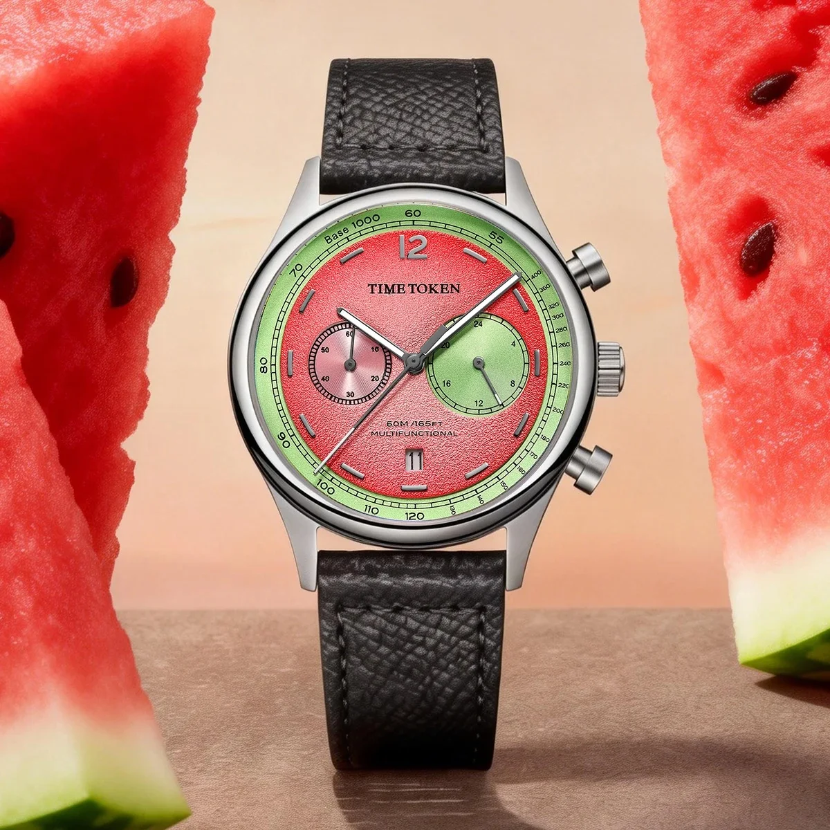 TIME TOKEN Quartz Chronograph Wristwatch Leather Strap Miyota OS21 Movement Casual Fashion  Men's Summer Fresh Fruit Series T501