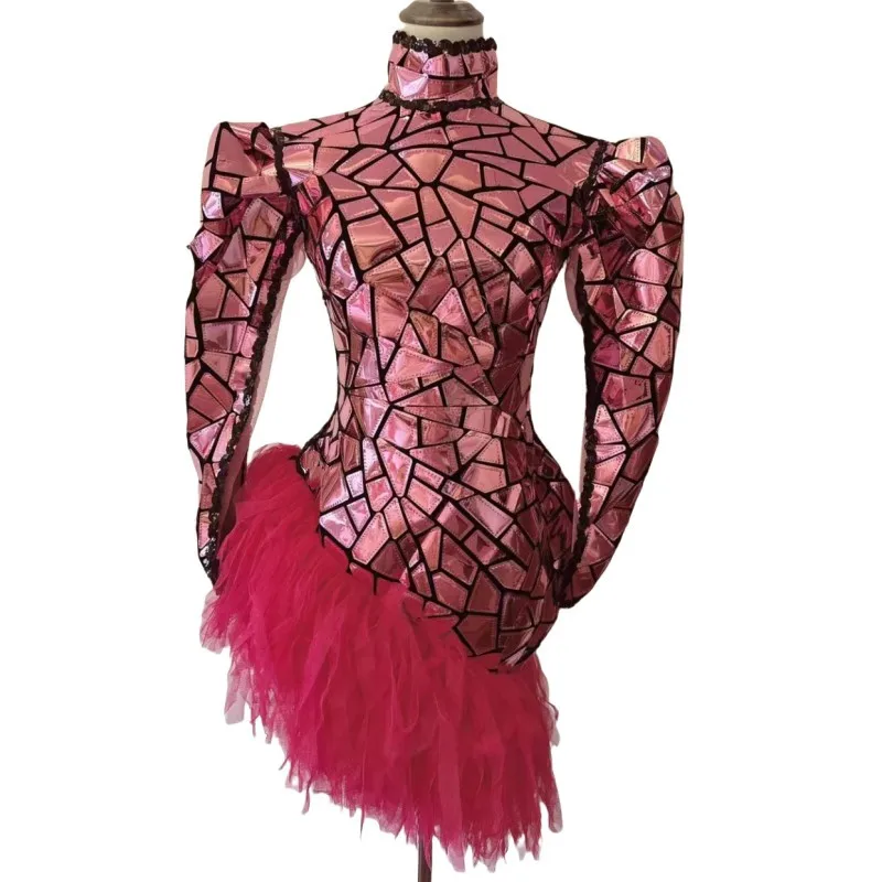 

Pink Laser Mirror Gauze Irregular Party Dress Women Birthday Carnival Rave Show Festival Outfit Singer Nightclub Bar Stage Wear