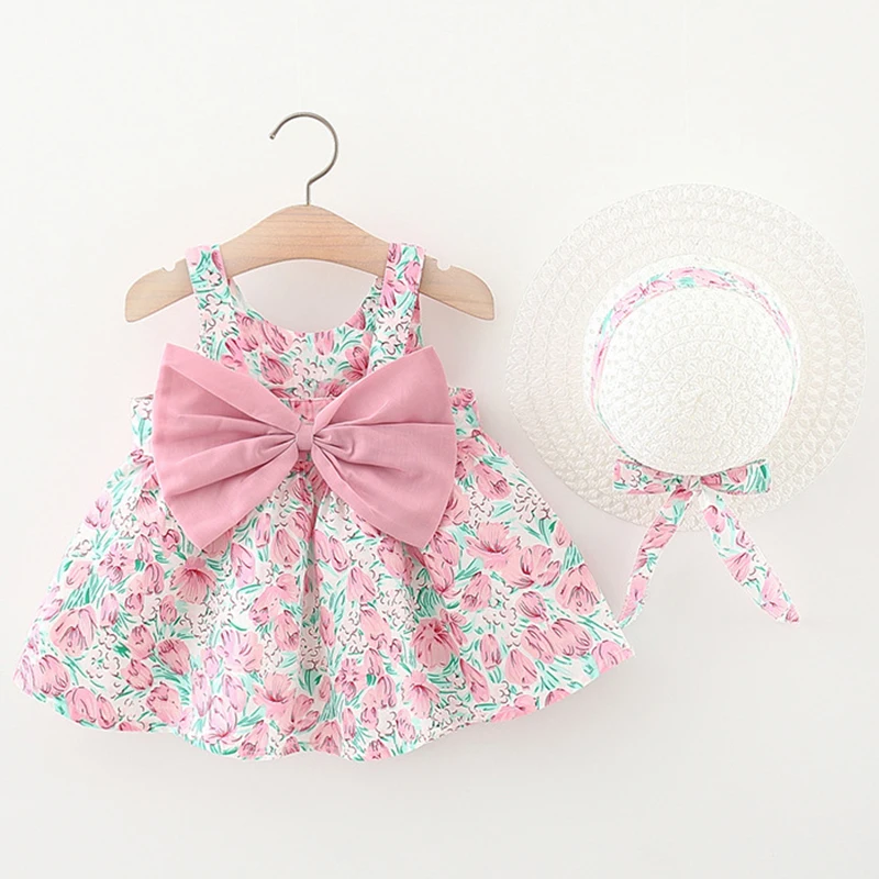 

Summer Dresses Baby Girl Clothes 0 To 6Months Korean Fashion Flowers Cute Bow Sleeveless Princess Dress+Hat Newborn Items BC177
