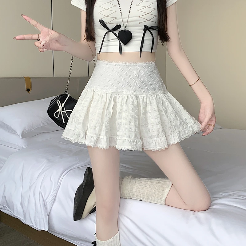

Seoulish 2025 Spring Summer New A-Line Lace Skirts for Women Fashion High Waist Lace Ruffles Solid Color Casual Mini Skirts