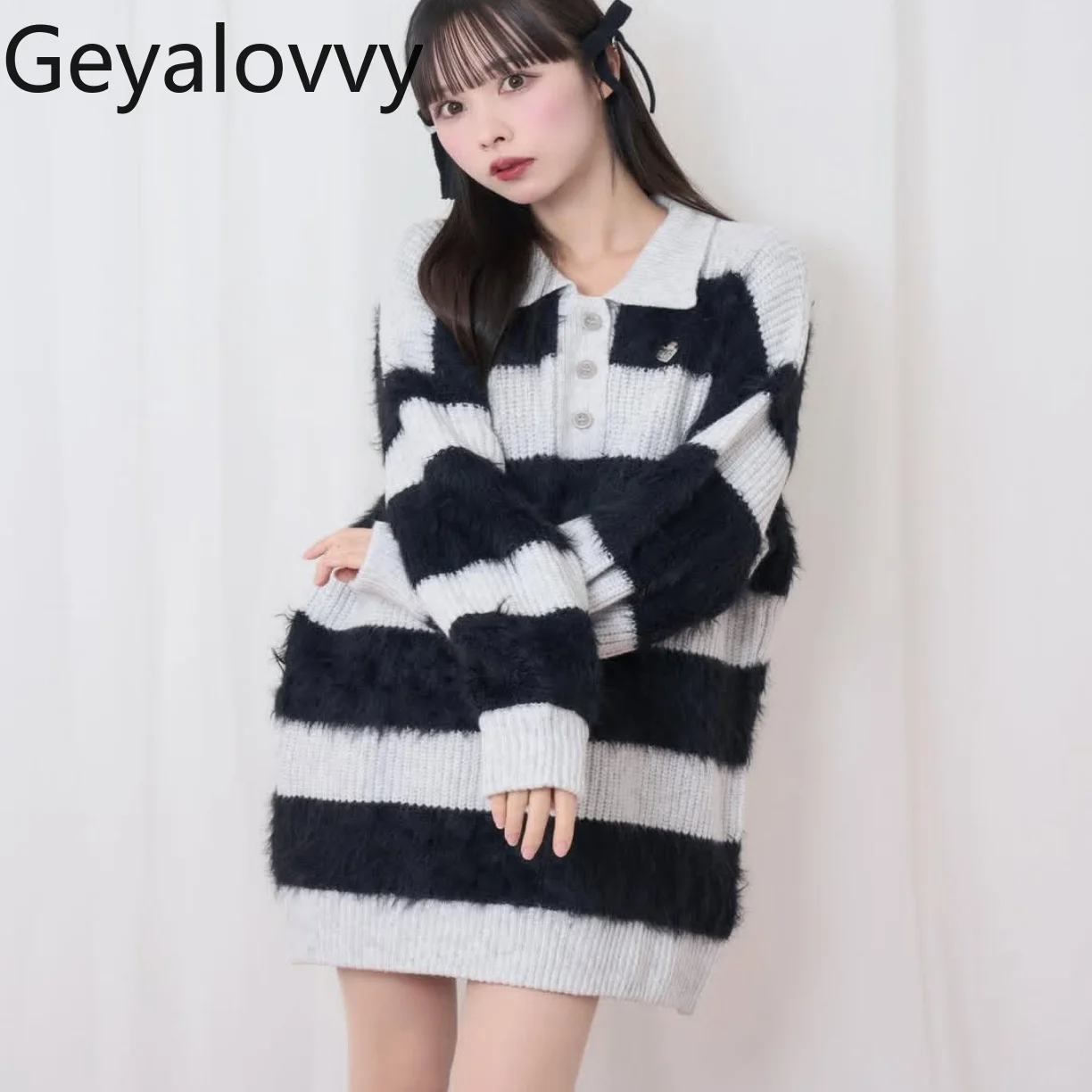 

Верхняя одежда для милых девочек, мягкое пушистое трикотажное платье в полоску с отложным воротником, осенне-зимние универсальные длинные платья-свитера