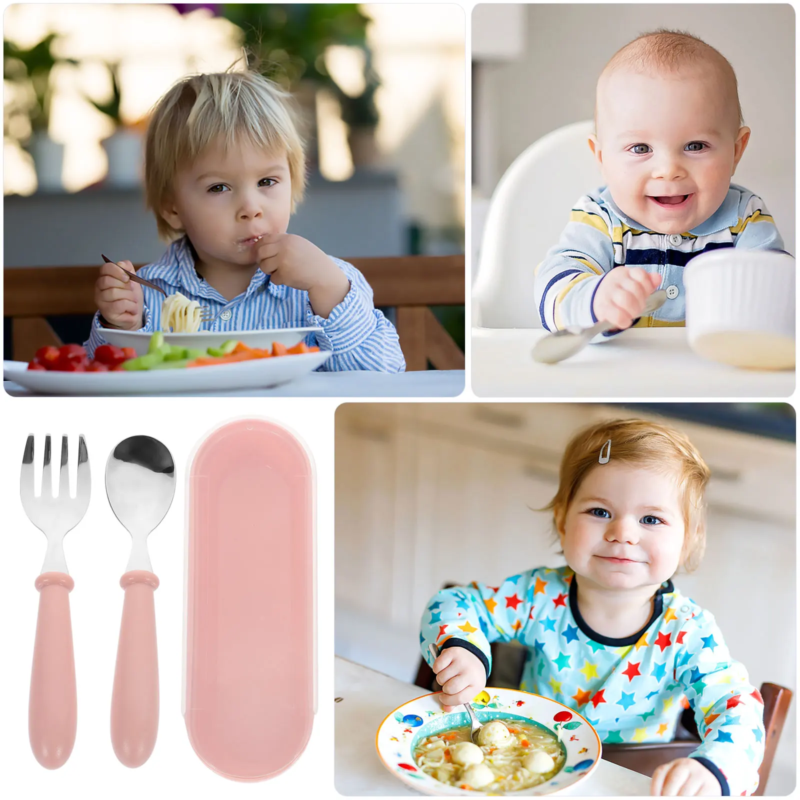 

Cutlery 's Set Toddler Stainless Steel Utensils Fork Spoon Pink Plastic