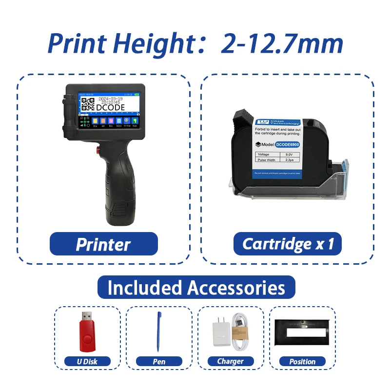 DCODE 1755PLUS 12,7 mm draagbare printers Handheld inkjetprinter Tekst QR Barcode Batchnummer Logo Afbeelding Datum Drukmachine