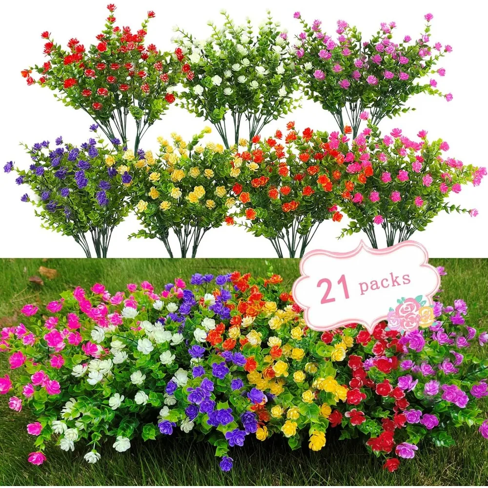 21 Bundles Outdoor Faux Plants UV Resistant Faux Bushes Plastic Artificial Flowers Fake Outdoor Plants for Home Garden Decor (7